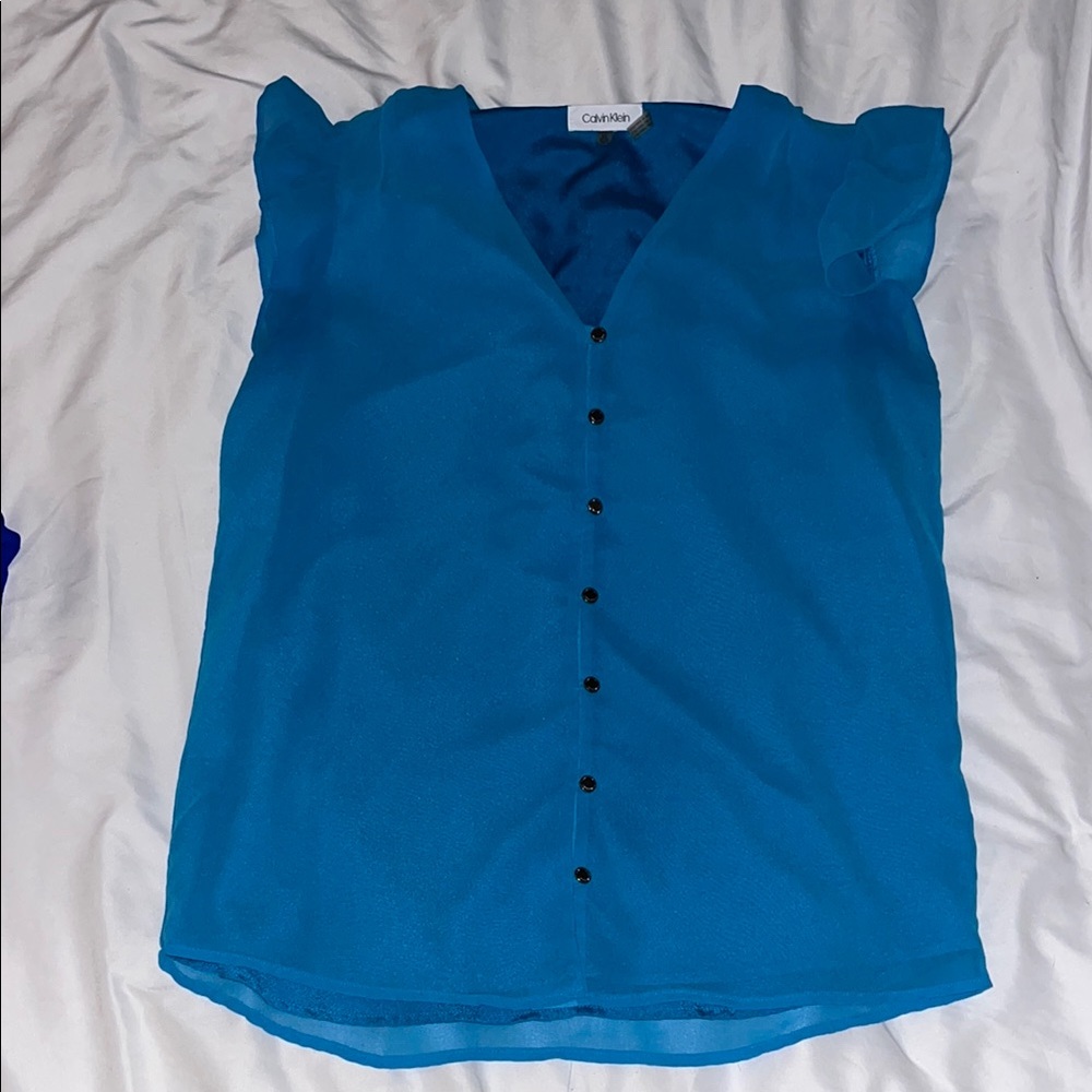 Calvin Klein Blue Ruffled Cap Sleeve Blouse